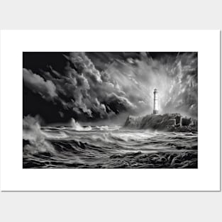 Lighthouse Sea Landscape Wild Ocean Nature Ink Sketch Style Posters and Art